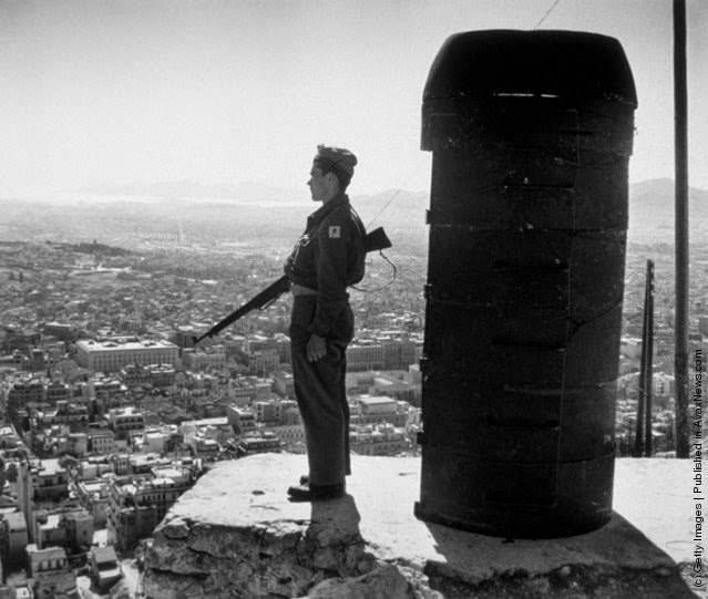 A sentry on guard on Mount Likebetos, overlooking the city of Athens; military forces were employed to guard the city against possible attacks from communist paratrooper guerrillas, 1947.