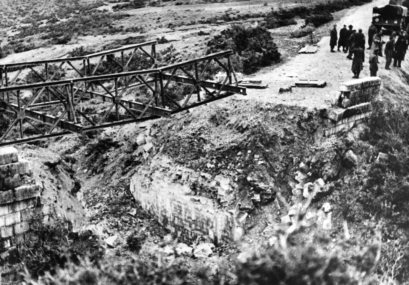 Blown up bridge between Joannina and Konitsa by the Democratic Army, Greek Civil War, 1948.