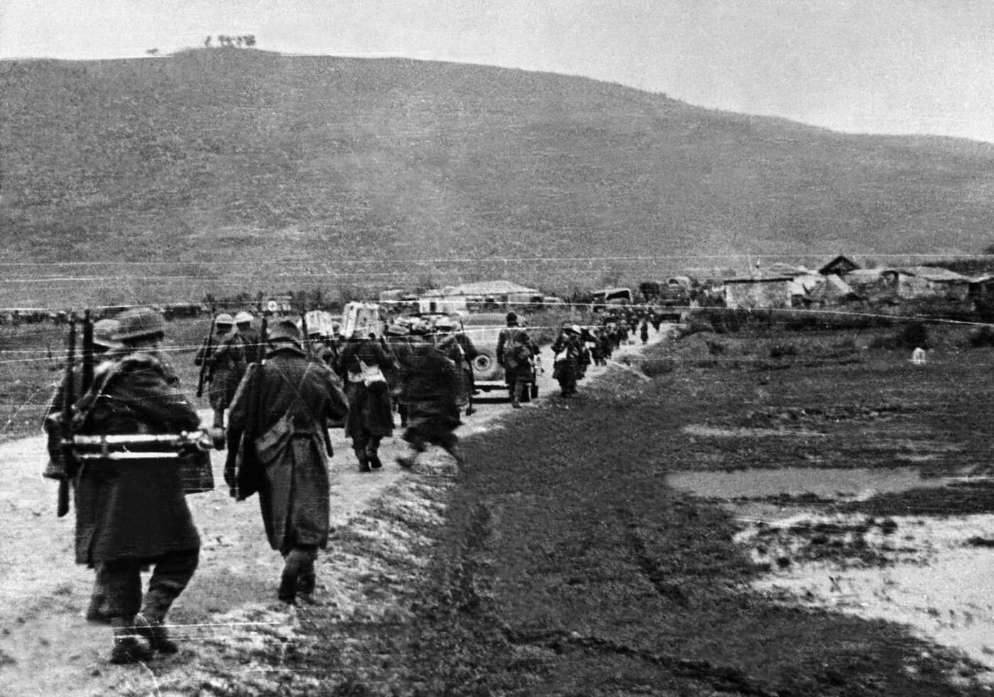 Government troops on the way to the front along the road from Yannina to Konitsa, Greek Civil War, 1948.