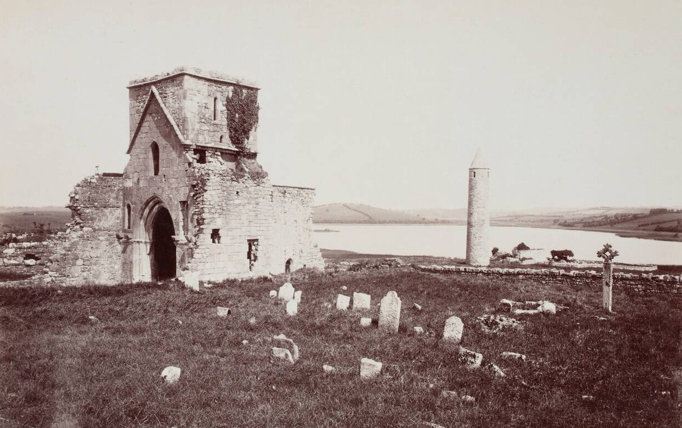 Tower and Cross, Devenish Abbey, Louch Erne, United Kingdom, 1880s.