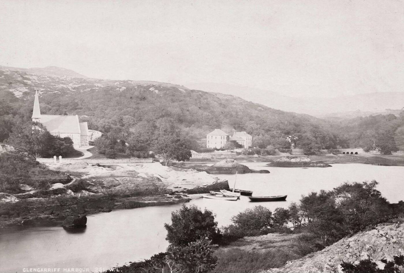 Boats in the water, Glengarriff harbour, Co. Cork, Ireland, 1800s.