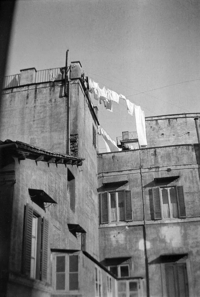 Clothes lines on roofs in Rome, Italy, 1930s
