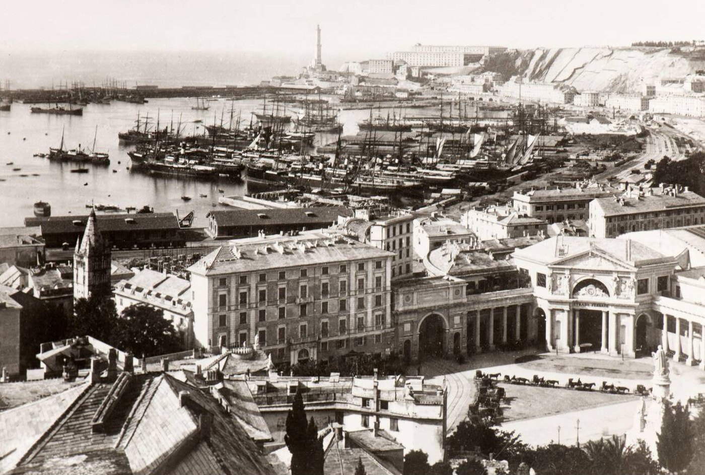 Aerial view of the old harbor of Genoa back in early thirties, 1930.