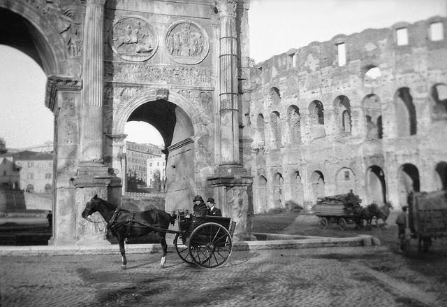 Horse carriages and monuments in Rome, Italy, 1930s