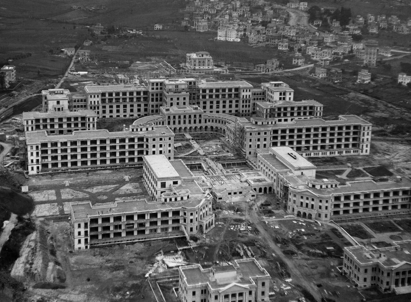 View of the Mussolini sanatorium under construction, now Forlanini hospital, Rome, Italy, 1930s.