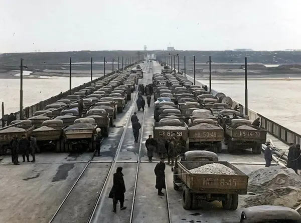 Bridge load testing, Novosibirsk, 1955.