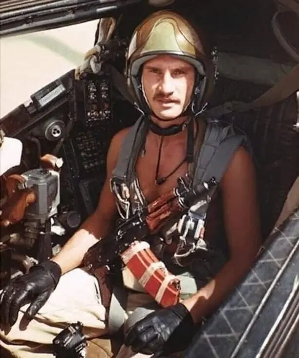 Soviet pilot of Mi-24 helicopter, Afghanistan, 1980.