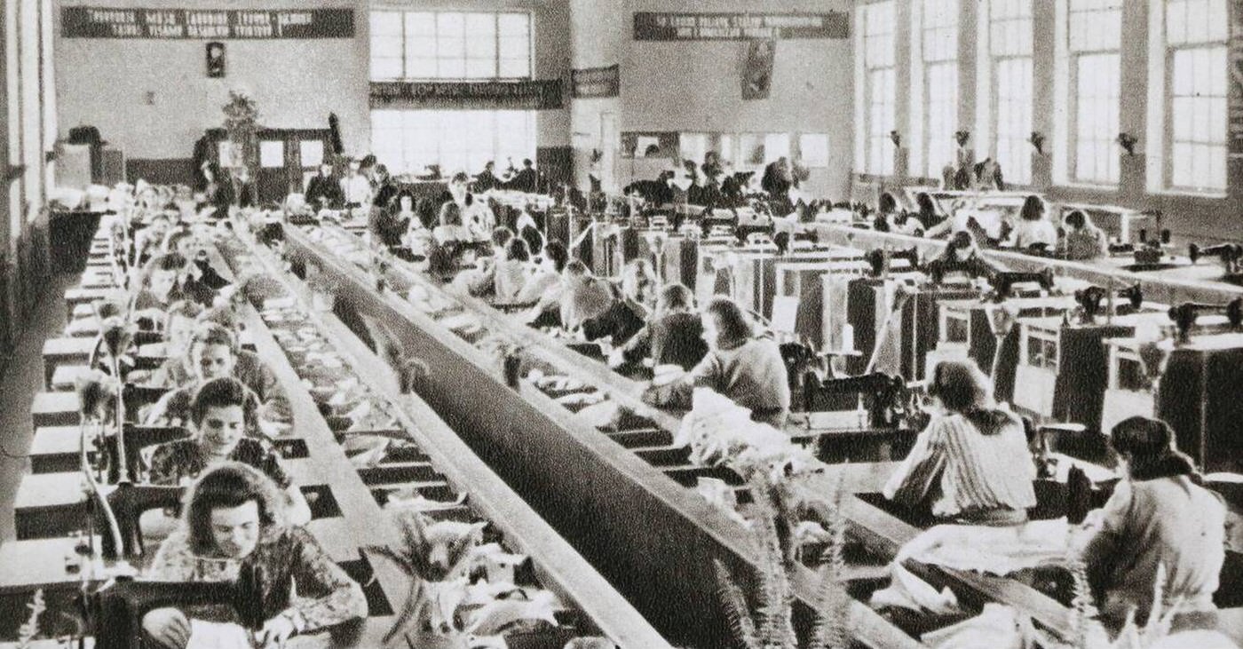 Conveyor shop at the Lelija garment factory in Vilnius, Lithuania, 1950s.