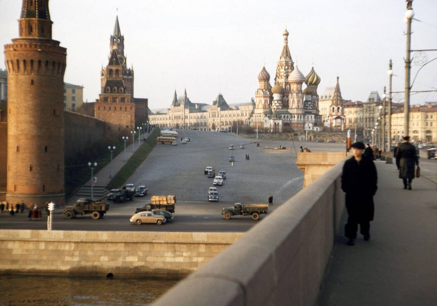 People walking on the Bolshoy Moskvoretsky Bridge near the Kremlin, 1956.