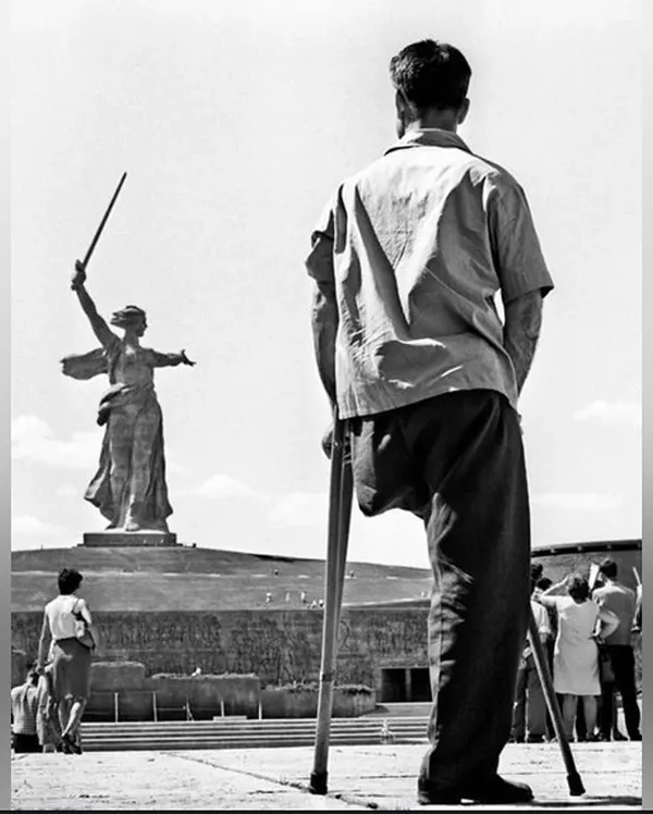 Stalingrad veteran in front of WWII memorial on Mamayev Kurgan, 1967.