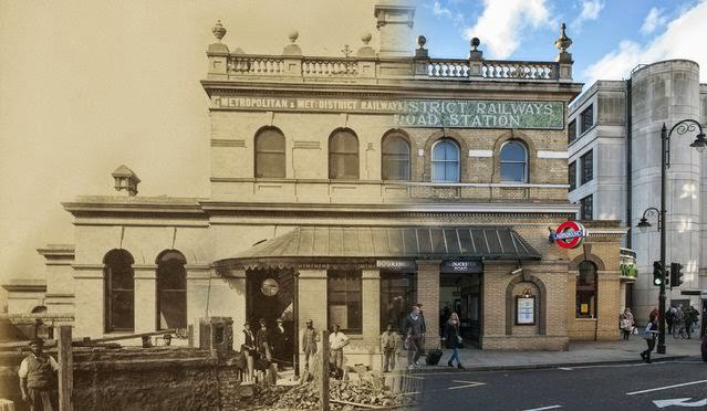 An exterior shot of the completed Gloucester Road Station in 1868 and 2014.