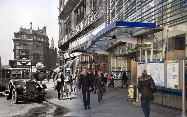 Blackfriars station entrance from outside 179 Queen Victoria Street in c.1930 and 2014.