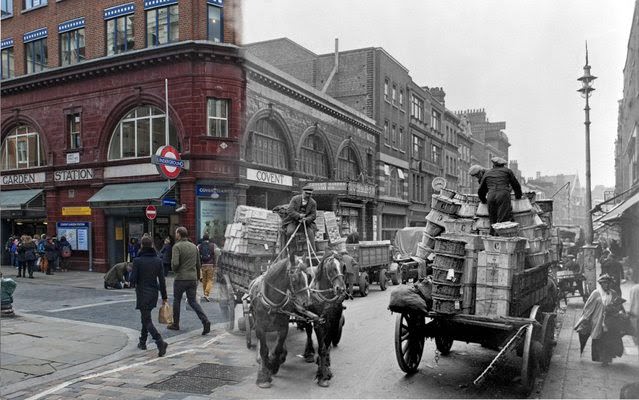 A street scene in London’s Covent Garden with the underground station and a horse and cart in the background in c.1930 and the same street in 2014.
