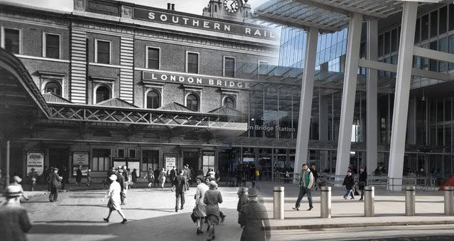 A view of the forecourt of the Southern Railway's terminus at London Bridge in c.1930 and 2014.