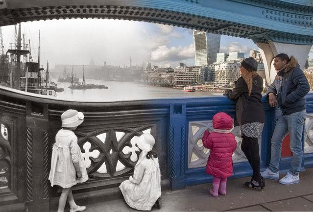 A view from the west side of Tower Bridge in c.1930 and 2014.