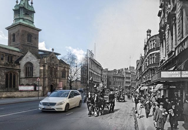 Byward Street near Tower Hill in c.1930 and 2014.