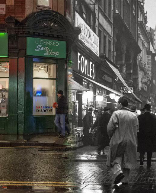 An evening street scene outside Foyles book shop on Charing Cross Road in c.1935 and 2014.