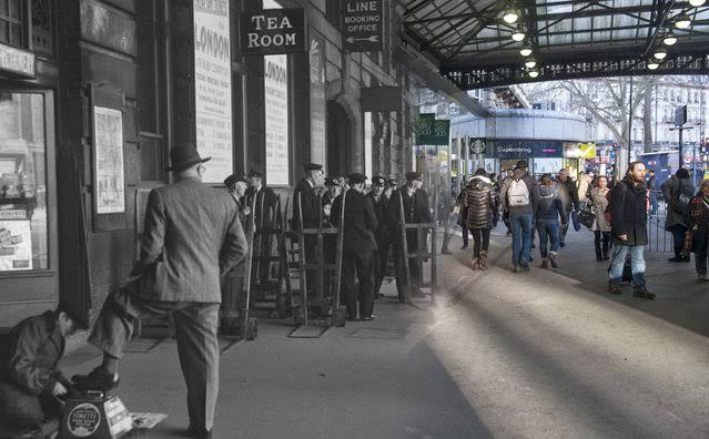 Boy shining shoes outside the Tea Room at Victoria station in 1950 and the same location in 2014.