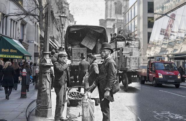 A street seller of sherbert and water on the streets of London in 1893 and the same street in 2014.