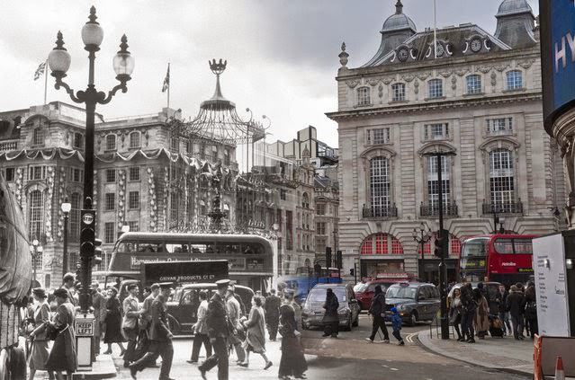 Piccadilly Circus in 1953 and 2014.
