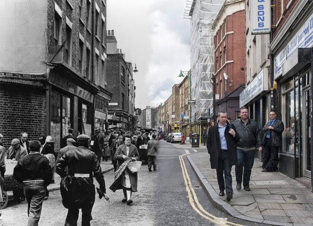 The view north up Brick Lane in Spitalfields, close to the markets in 1957 and 2014.