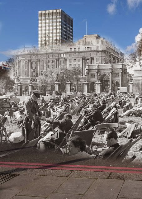 People sunbathing in Hyde Park in 1956 with Marble Arch and the Odeon cinema in the background in 2014.