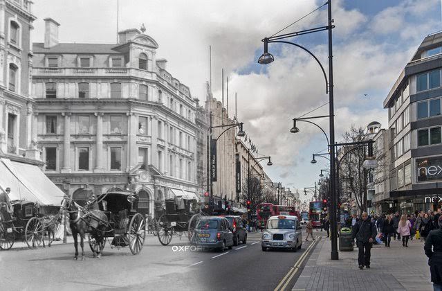 A traffic in Oxford Street in c.1905 and 2014.