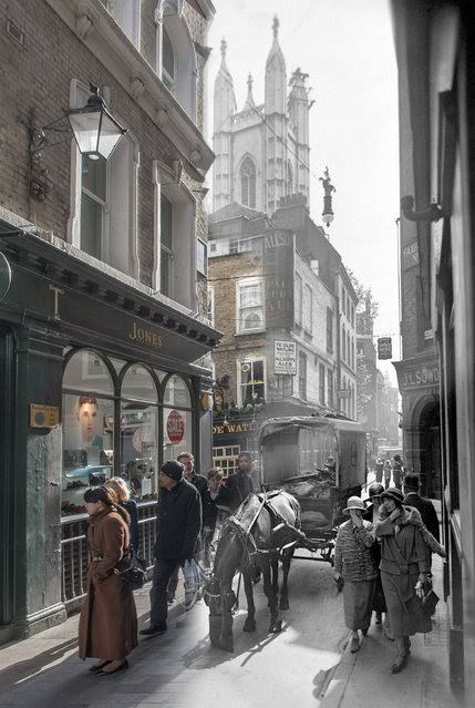 A view of Bow Lane, off Cheapside in the City of London in c.1930 and 2014.