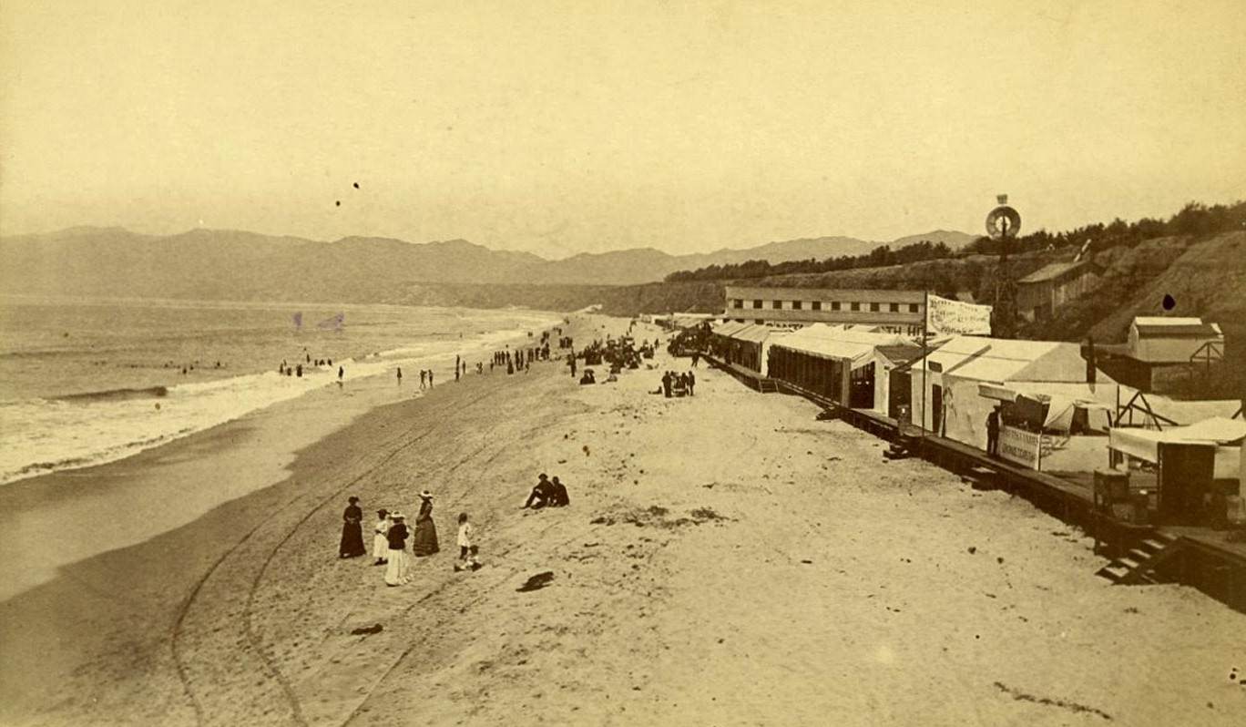 This is North Santa Monica Beach in the 1880s, shortly after the Southern Pacific railroad reached the town.