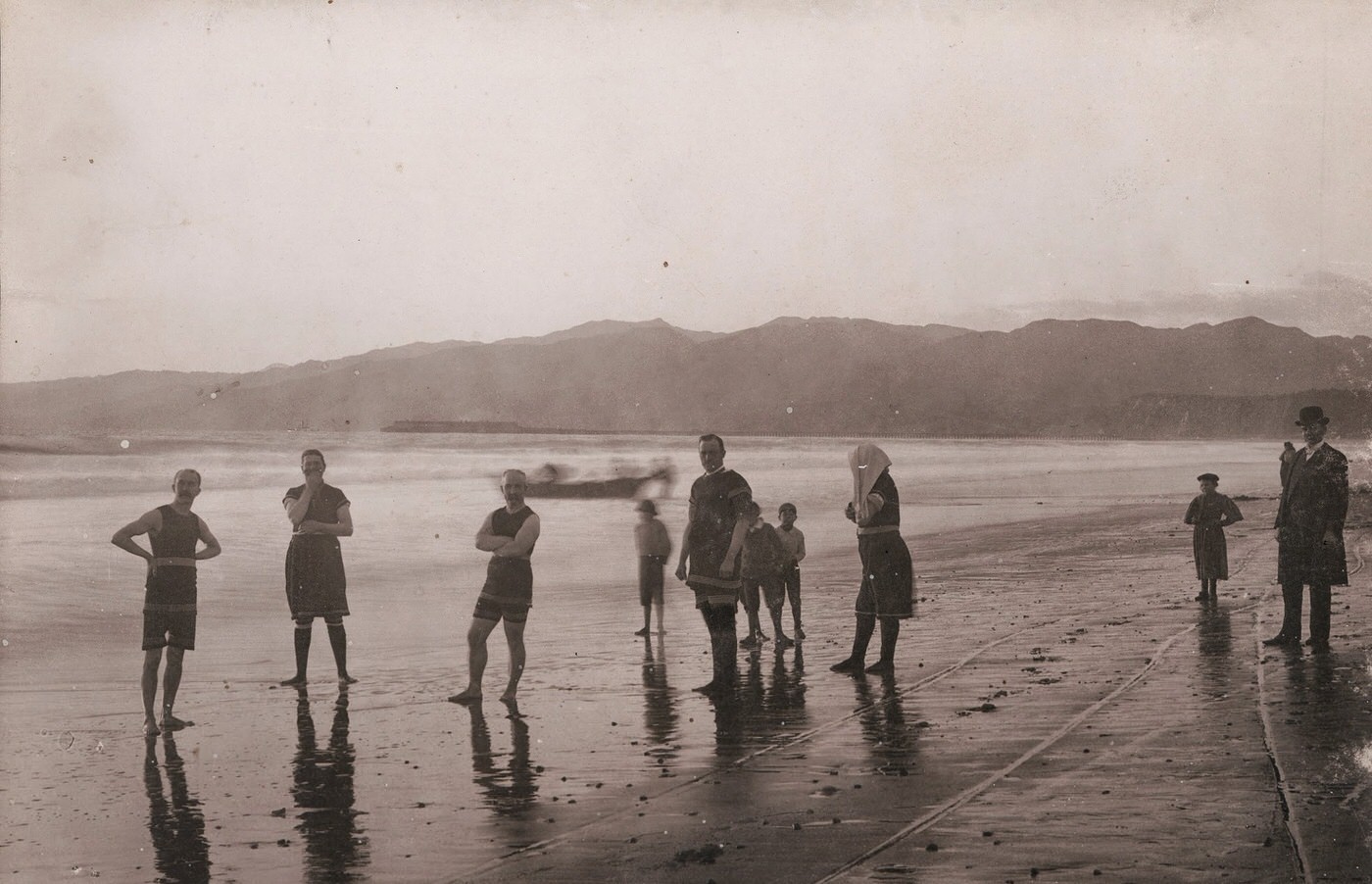 This photo from 1905 shows bathers on the beach in Santa Monica.
