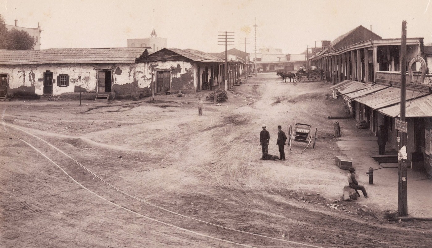 This is the "Chinese Quarter" of Los Angeles — the city's first Chinatown — in 1892. This version of Chinatown was in its heyday from 1890 to 1910, but an explosion of gambling houses, opium dens, and gang warfare led the government to condemn the area. The residents were evicted to make room for Union Station.