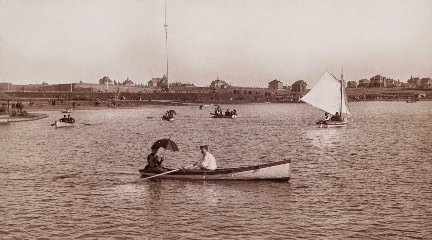 These two people are canoeing in Westlake Park, now called MacArthur Park. The park was originally constructed as a reservoir for the city. By the 1890s, it was a hot vacation spot, surrounded by luxury hotels.