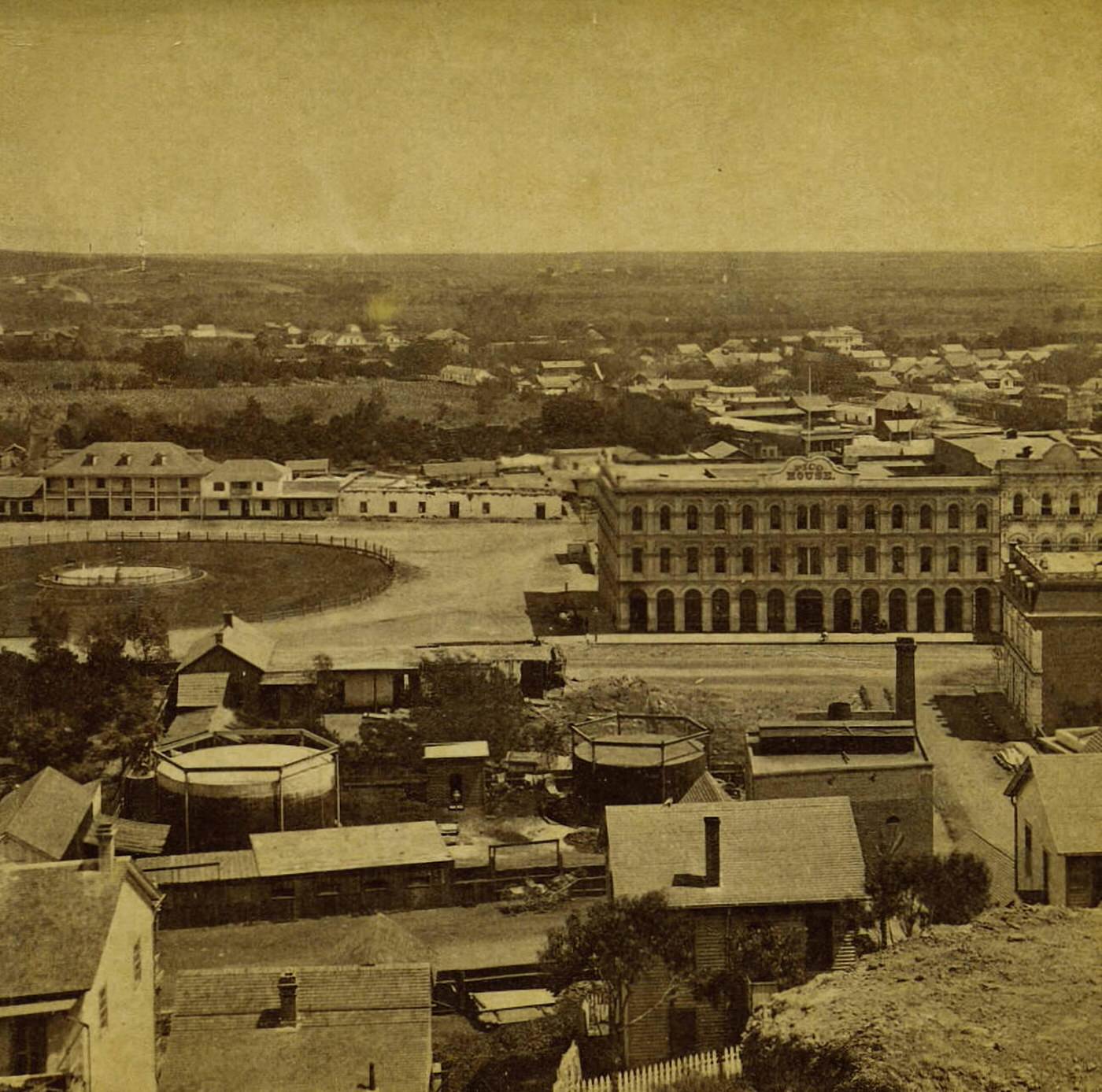 Birdseye View of Los Angeles California with Pico House, 1870.
