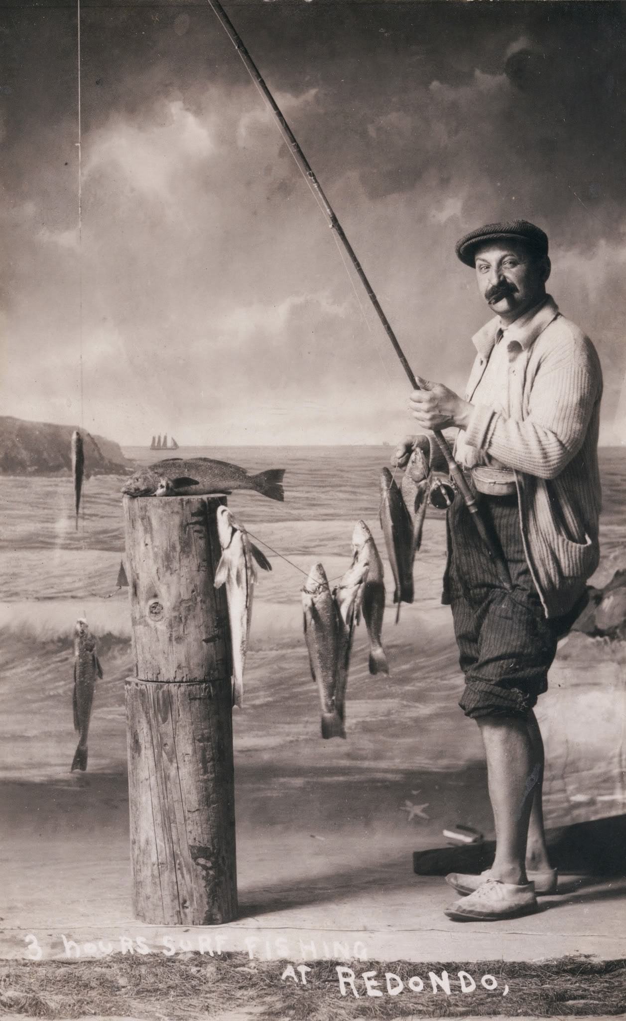 This man is fishing at Redondo Beach, one of Los Angeles' three beach cities. At the time, Redondo was a source of halibut, lobster, and sea bass.