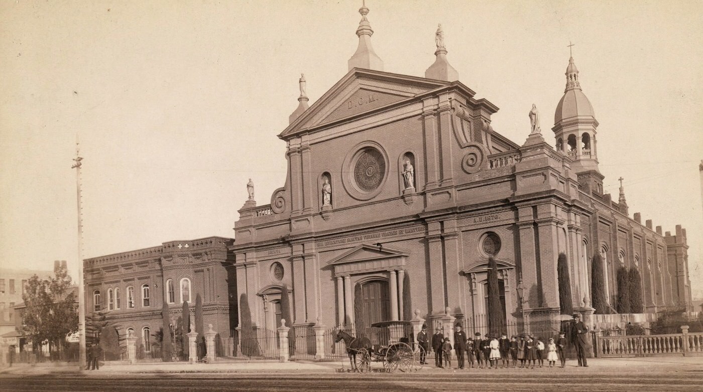 This is the Cathedral of St. Vibiana in 1895. Located in Downtown Los Angeles, the cathedral was the seat of the Los Angeles bishop for over 100 years. It is now an event space.