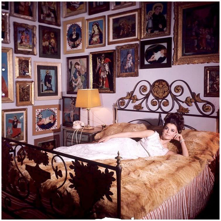 Natalie Wood in evening gown by Mainbocher in bedroom of her home in Beverly Hills, 1965.