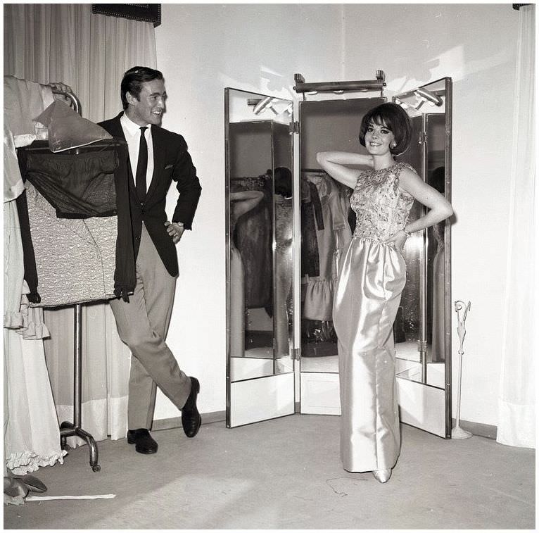 Natalie Wood poses in an evening gown with David Niven Jr., 1965.