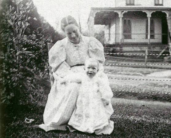 Eleanor Reilly Trend posed with her baby in front of the family home on Lakeview Avenue in Haddonfield.