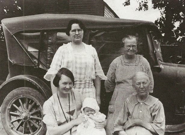 Five generations in one photo; infant Theresa Buzby is shown with her mother Kate Buzby, her grandmother, Wilhemina Inman Ritzendollar, great-grandmother, Amanda Lee Inman and great-great-grandmother, Jane Adams Lee, 1924.