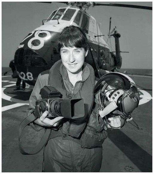 Australian Navy photographer, Sue Pope, with a Hasselblad camera.