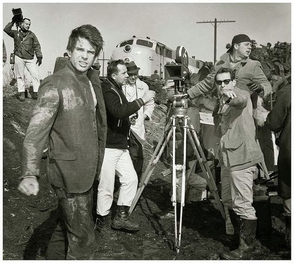 Warren Beatty filming "Mickey One", near Chicago, in March, 1964. The producer/director, Arthur Penn, is right of the camera.