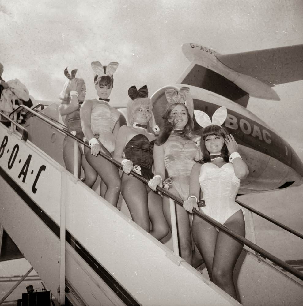 A group of British Playboy Bunny girls arriving at London Airport, 1966.