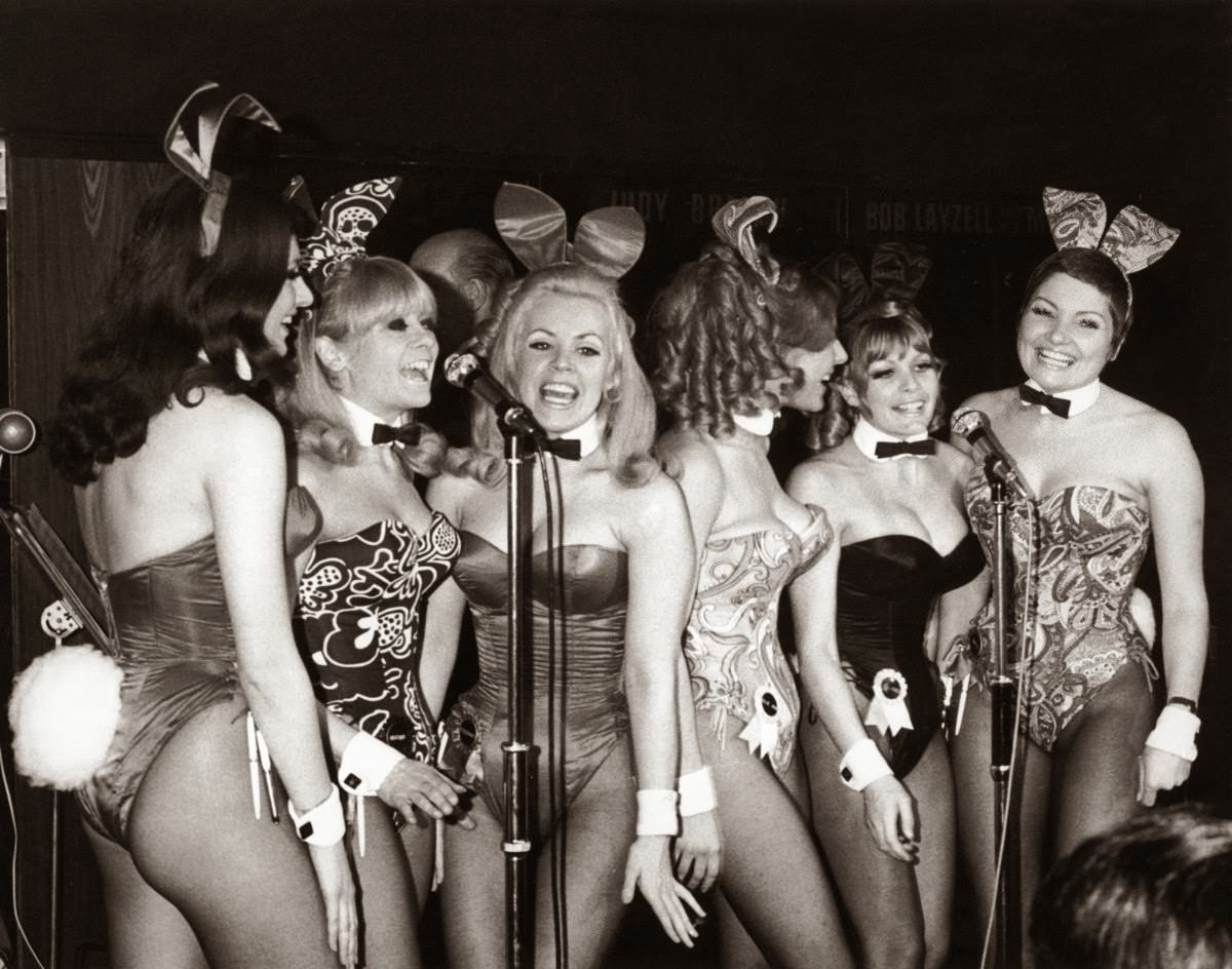 The 'Singing Bunnies' - Bunny Girl waitresses at the London Playboy Club - perform a song during the club's 'Showtime In The Playroom' spot, 1972.