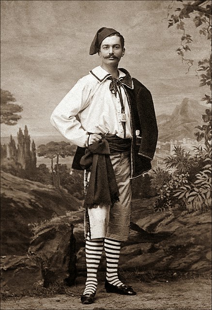 An actor in a painted Mediterranean landscape, cabinet card by F. Luckhardt, circa 1880s.