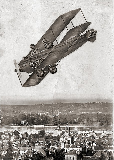 A photograph taken somewhere at the river Rhine, styled "Just Like the Red Baron."