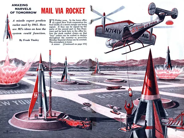 Mail delivery by rocket, illustrated by Frank Tinsley in 1957.