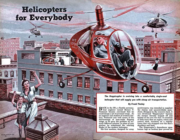 The “Hoppicopter,” a one-person vehicle for low-cost air travel, by Frank Tinsley, 1950.