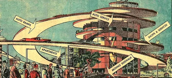 A futuristic landscape of skyscrapers with winding roads and moving sidewalks.