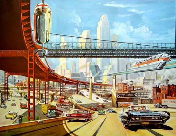 Elevated trains cross the skies among towering skyscrapers.