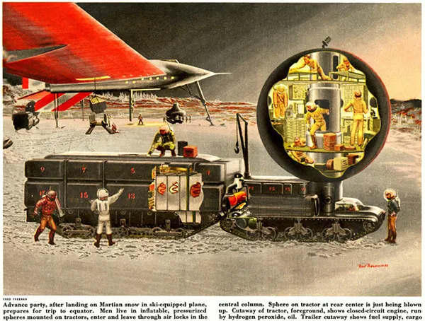 Astronauts explore the surface of another planet in this 1954 artwork by Fred Freeman.